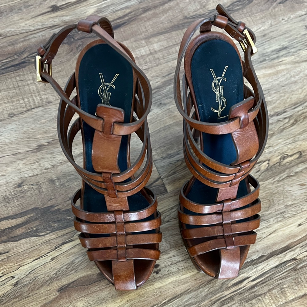 YSL SAINT LAURENT brown leather platform heels 38.5